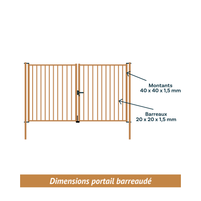 Portail barreaudé 2 vantaux, portail acier thermolaqué 3m - 4m